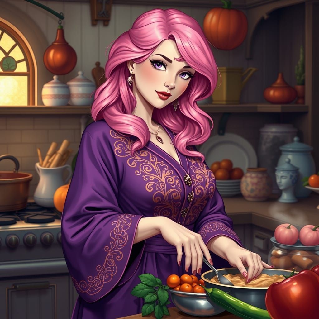 Elegant Woman in Art Nouveau Kitchen