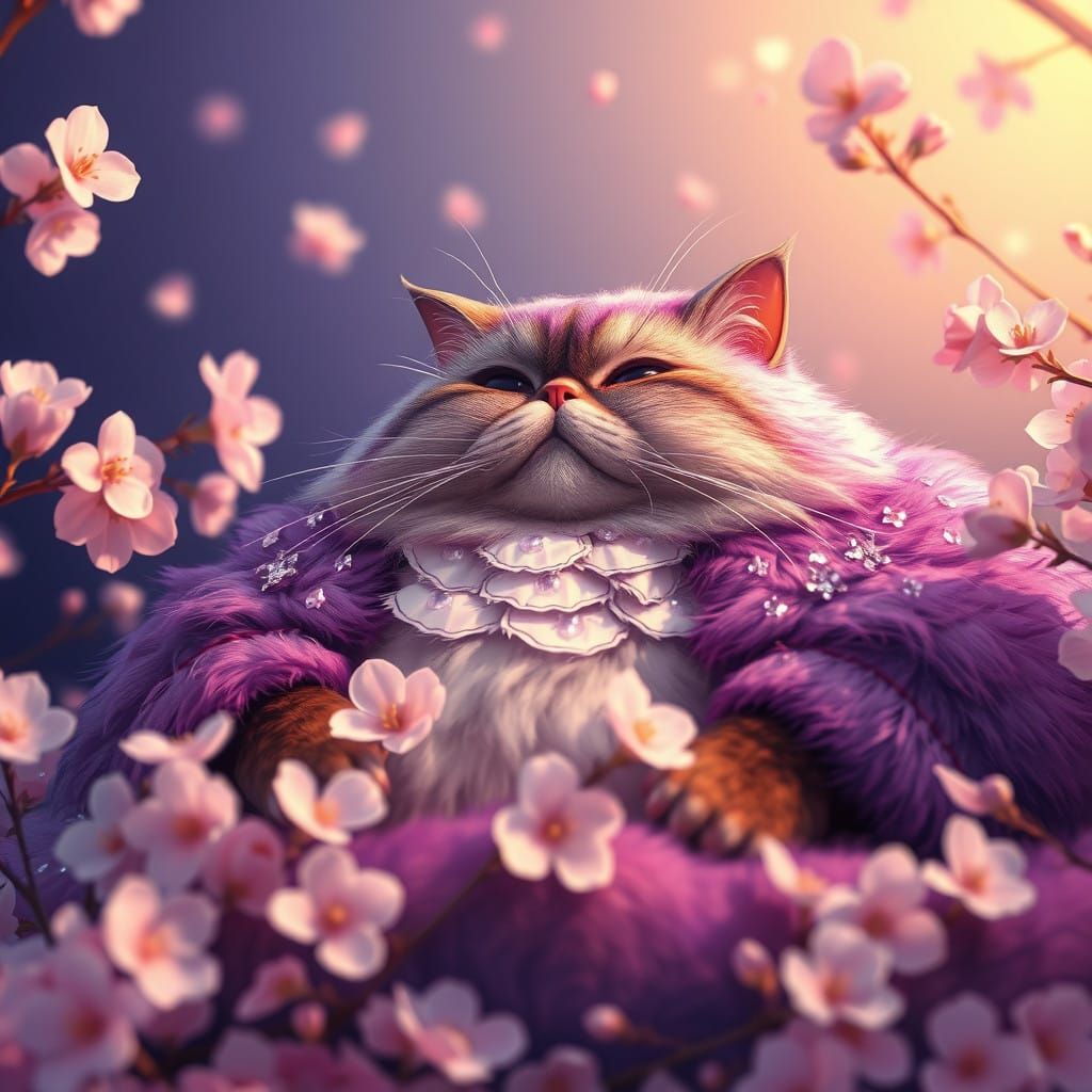 Regal, Obese Cat in Whimsical Cherry Blossom Dreamscape