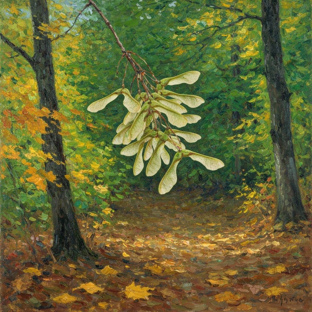 Autumn Forest Maple Seeds Falling in Impasto Style