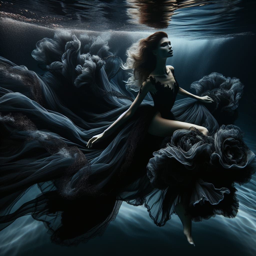 Underwater Woman in Black Gown