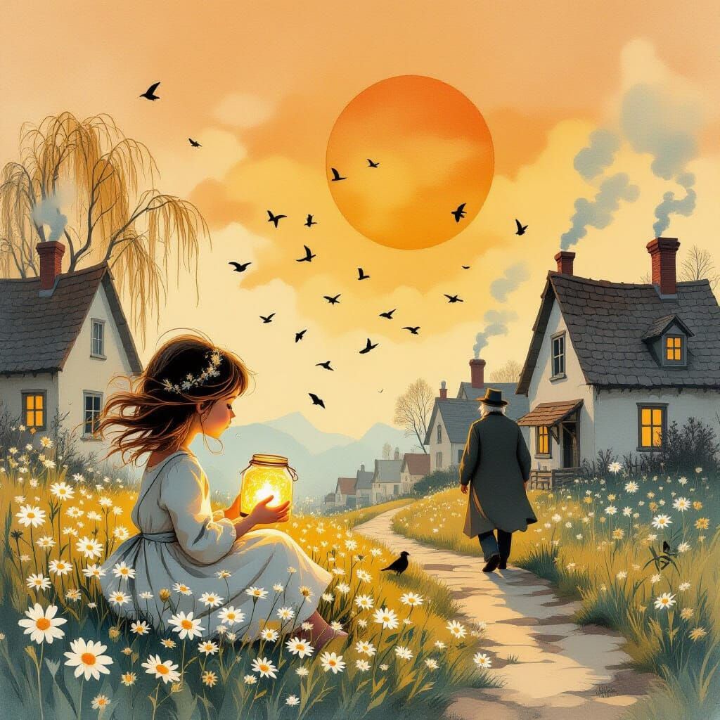 Ethereal Girl with Fireflies in Whimsical Landscape