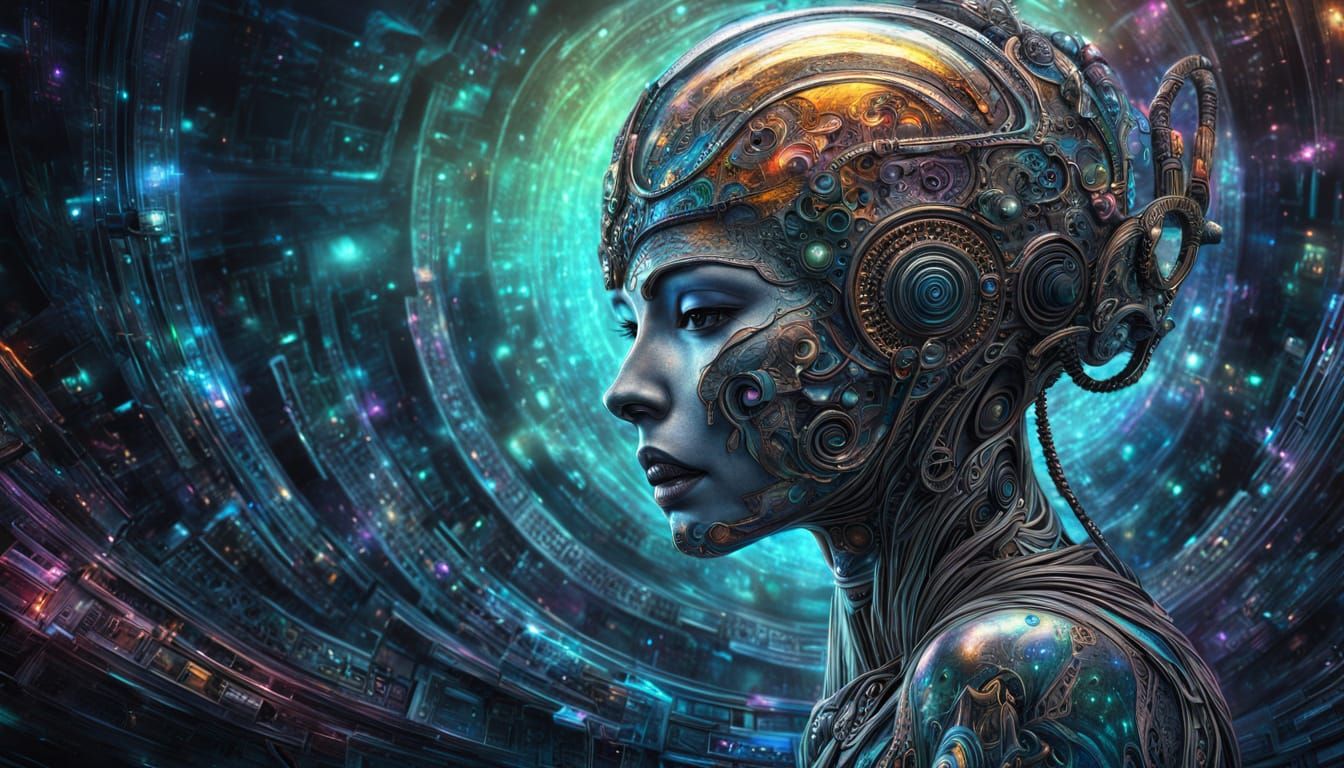 Cybernetic Woman Emerging from Mist in Steampunk Style