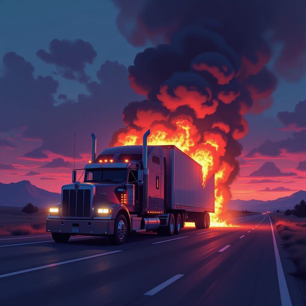 Semi-Trailer Truck Engulfed in Flames: Neon Noir Style