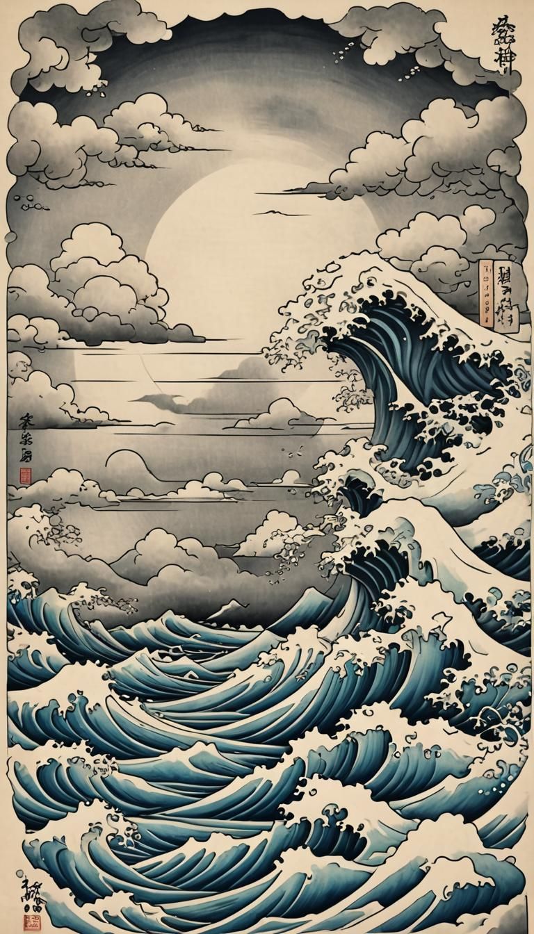 Ukiyo-e Ocean Tattoo Design with Wind Bars