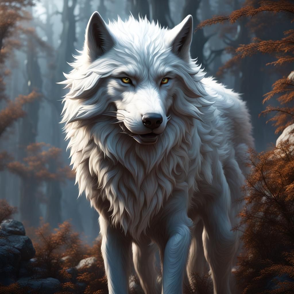 Majestic White Wolf in Detailed Fantasy Art