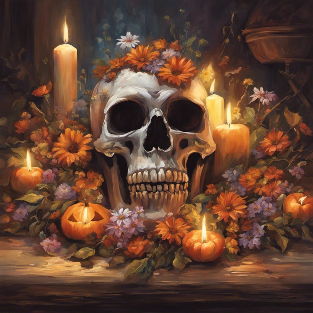 On top of a table, a coffin with lit candles, flowers, light...