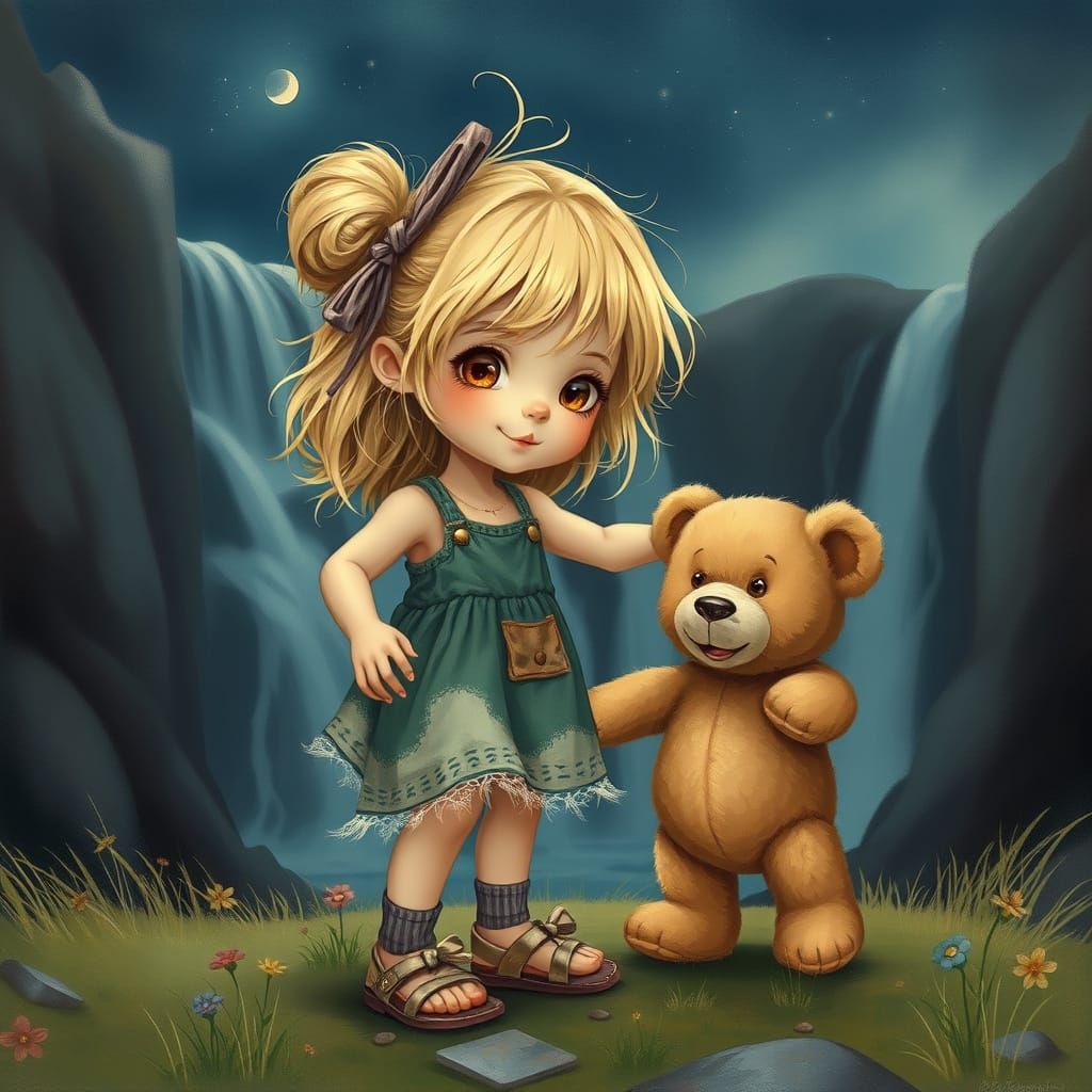 Whimsical Portrait of a Little Girl Dancing with a Teddy Bea...