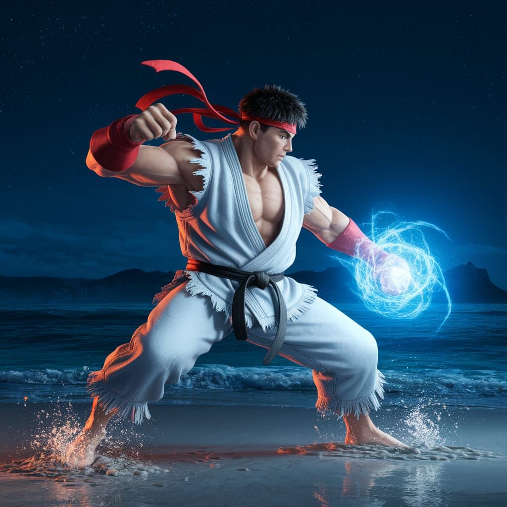 Ryu Launches Hadouken on Beach at Night