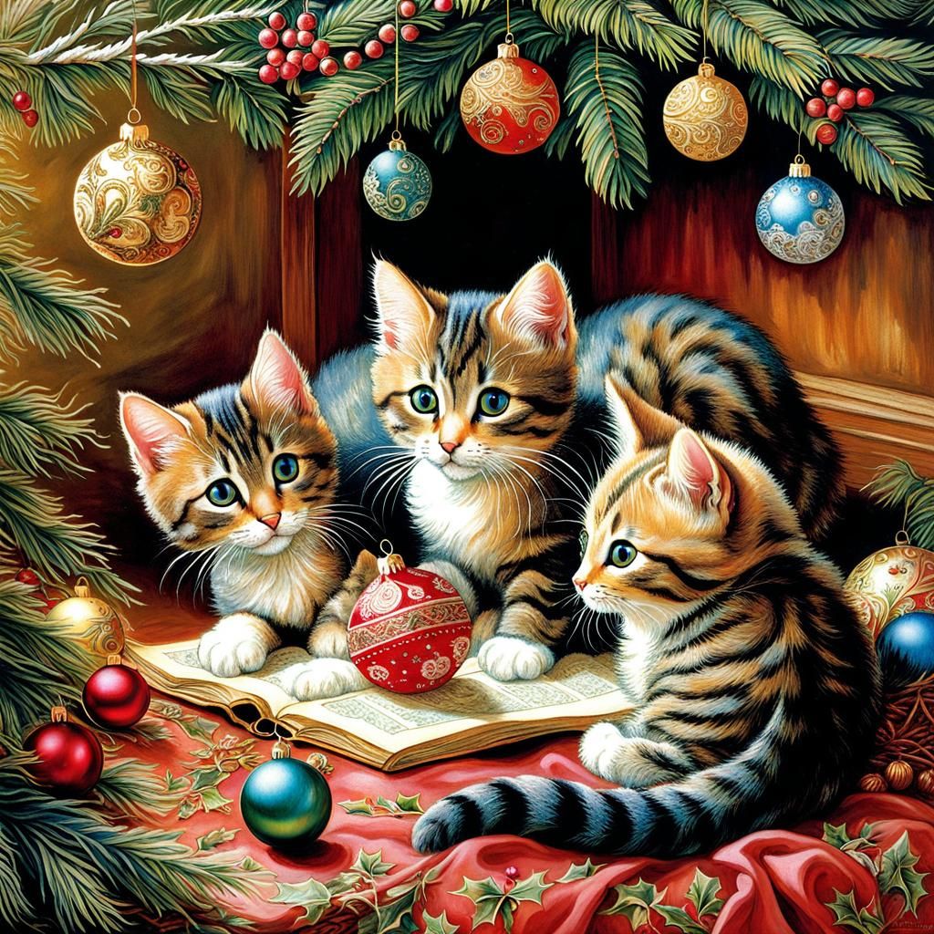 Cats Celebrate Christmas: Intricate Holiday Scene