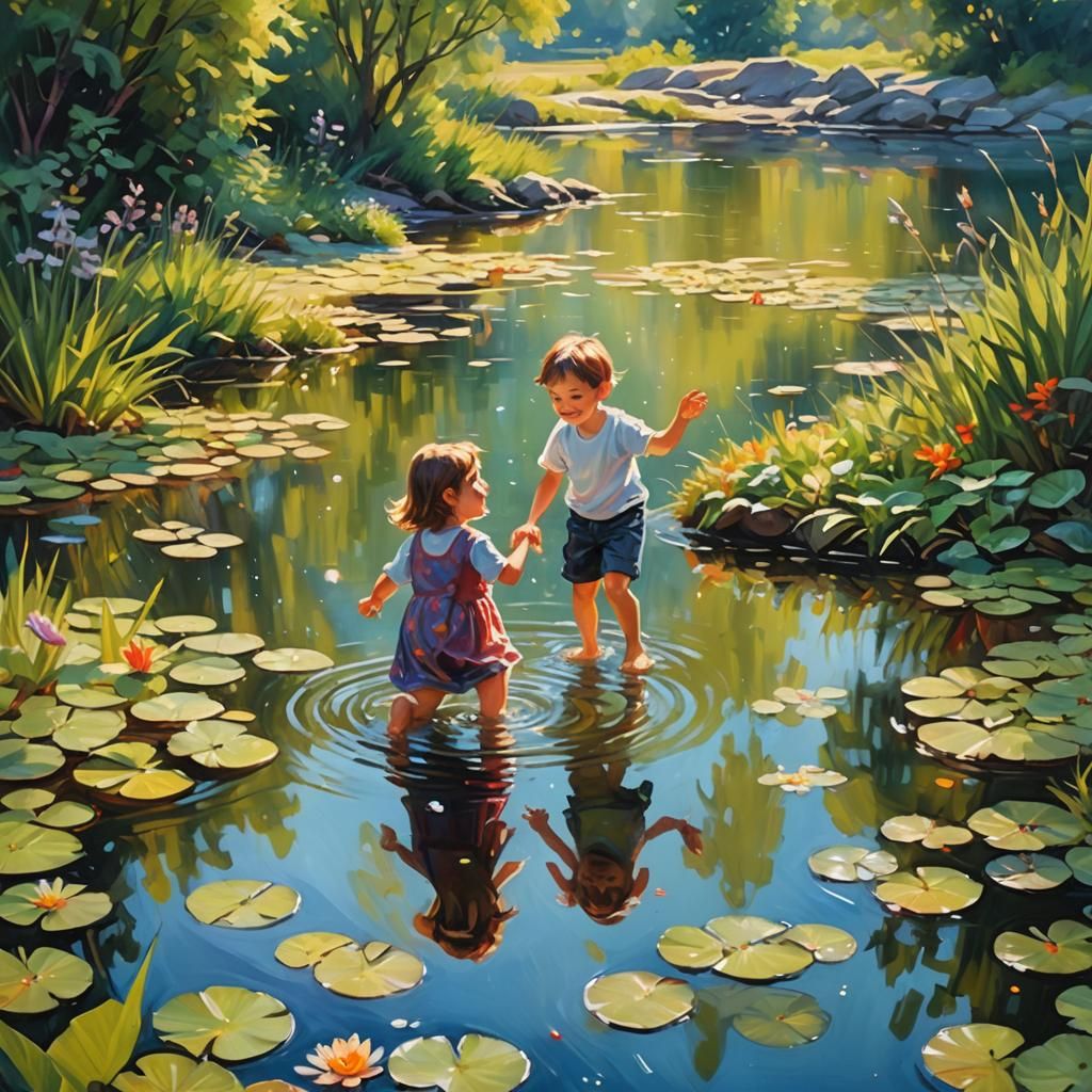 Joyful Children Playing in Pond as Oil Painting
