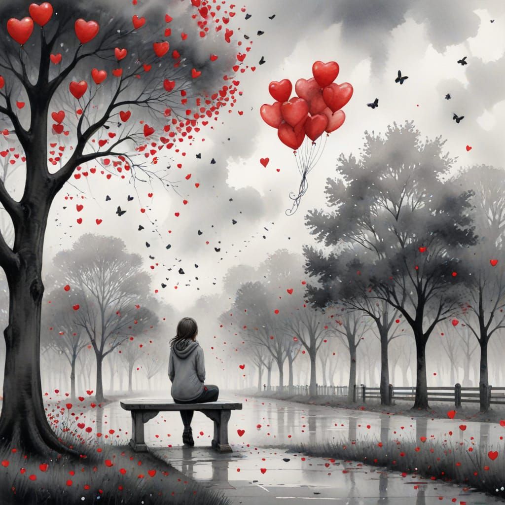 Girl Watching Balloons: Detailed Watercolor Scene