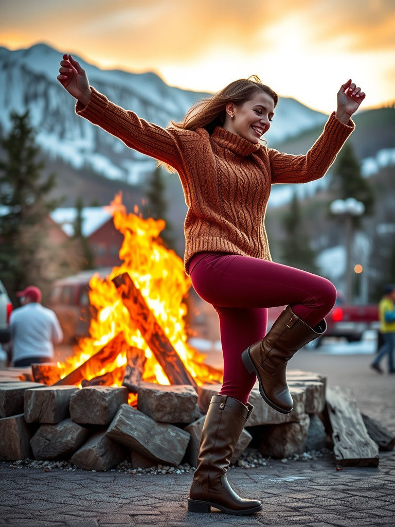 Woman Dancing by Bonfire in Aspen: Fashion Portrait