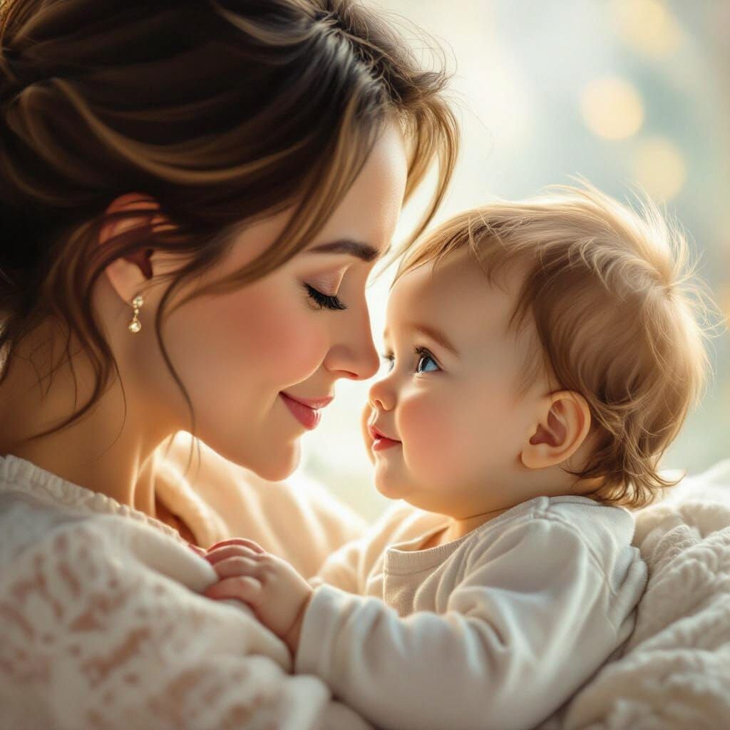 Tender Moment: Mother and Baby Nuzzle Noses