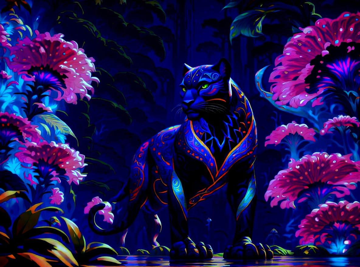 Black Panther With Peacock Feathers in Bioluminescent Jungle