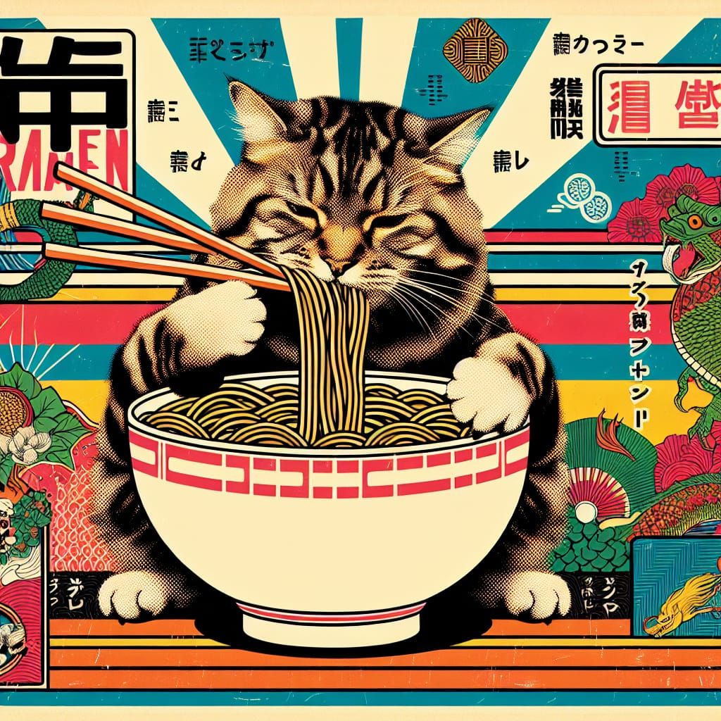 Vintage Ramen Cat Graphic Design Poster