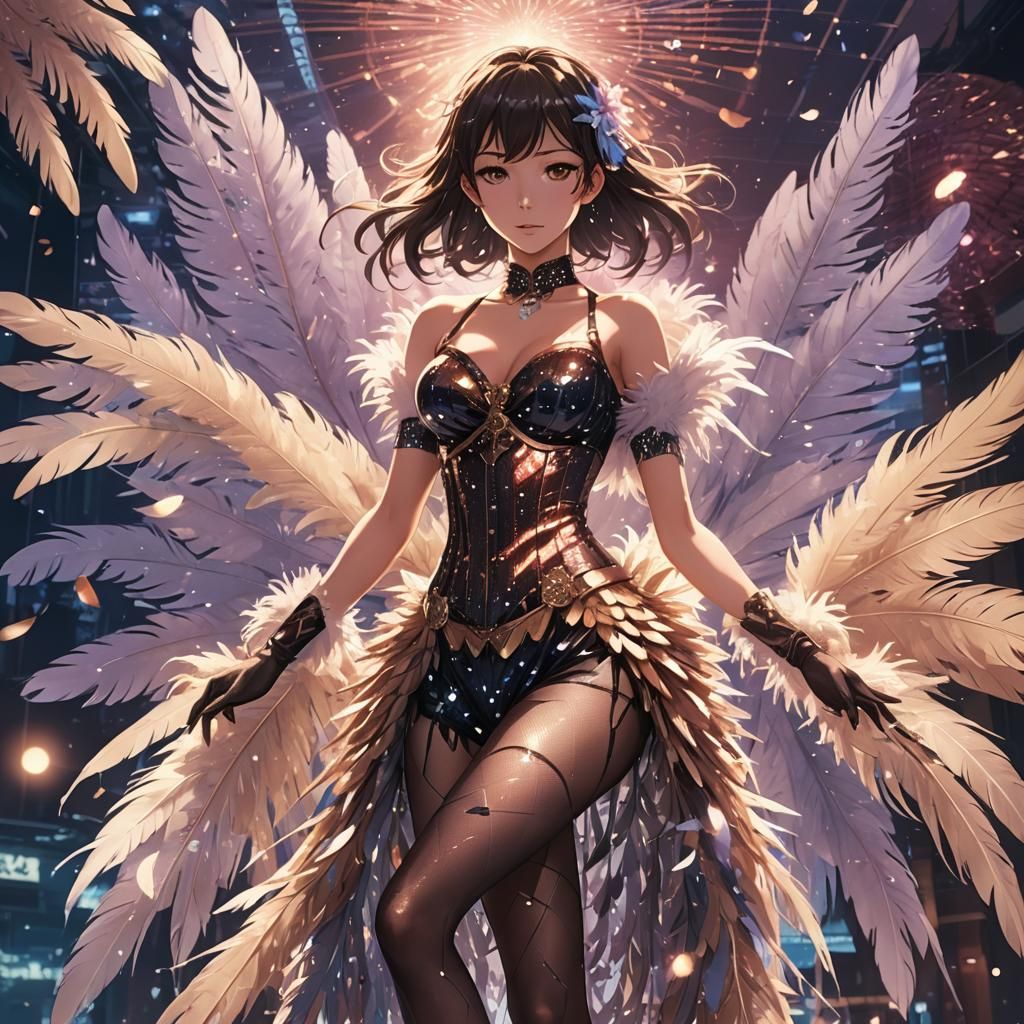 Anime Burlesque Dancer with Feathered Fans