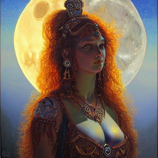 Hematite Goddess of the Moon in Oil Painting