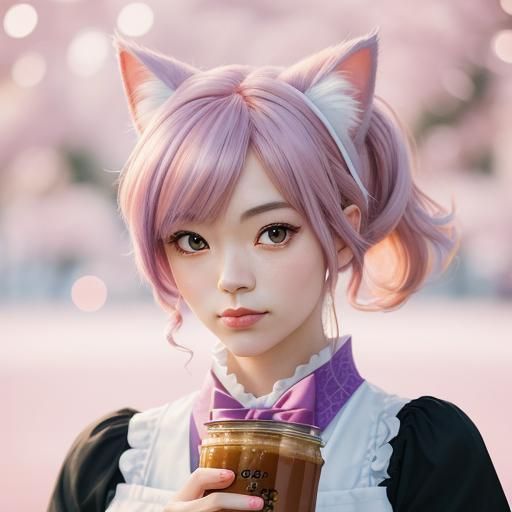 Kawaii Anime Cat Girl Portrait in Vibrant Colors