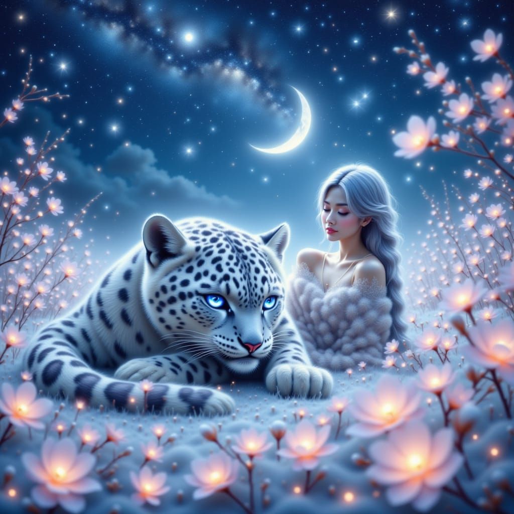 Snow Leopard in Sakura Field Under Starlit Sky