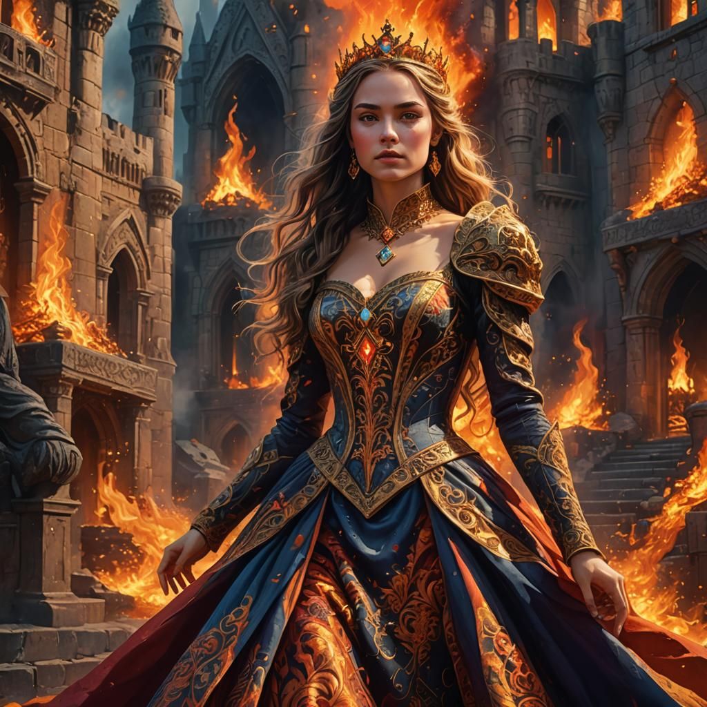 Princess Escapes Burning Castle in Fantasy Art