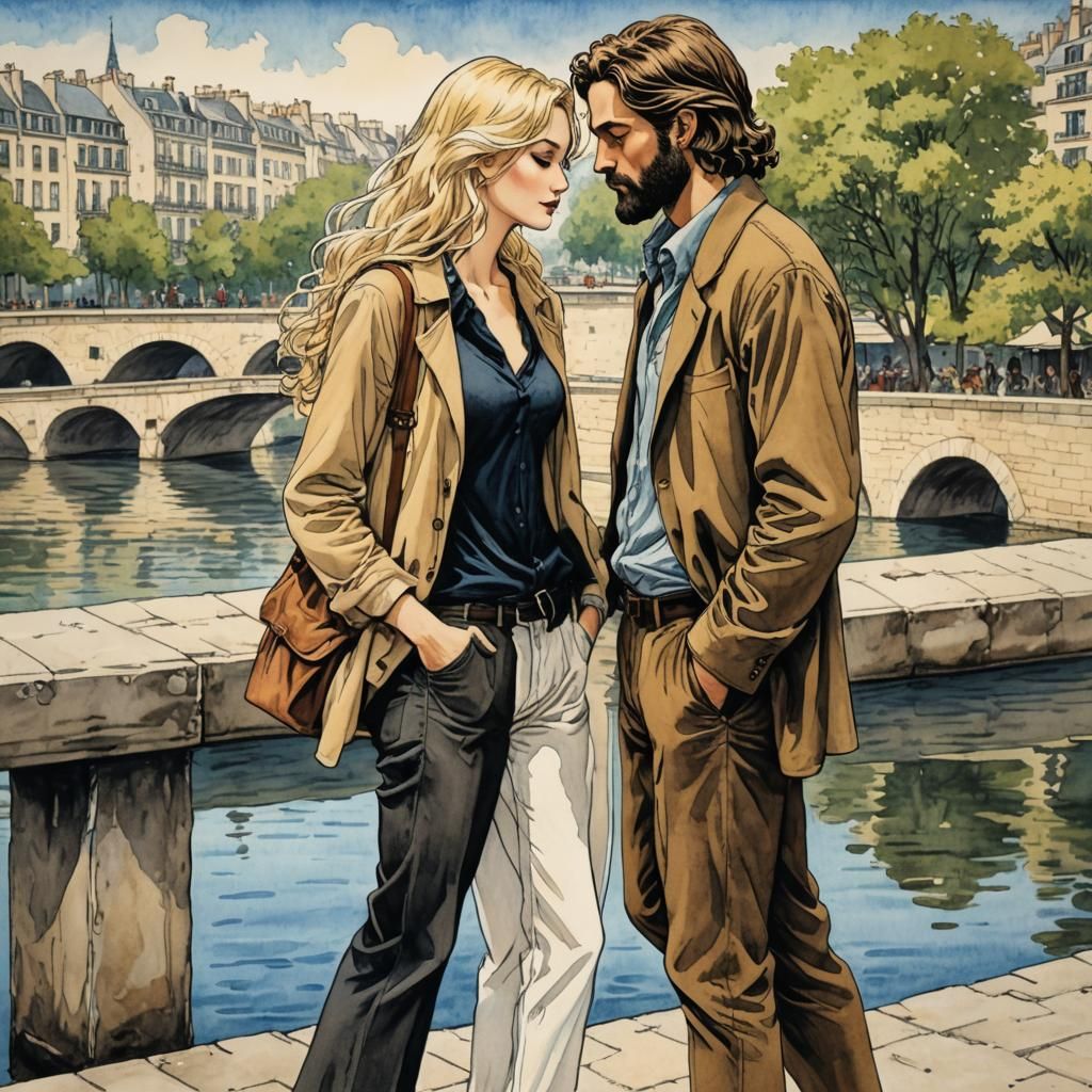 Romantic Couple Kissing in Paris: Comic Book Style