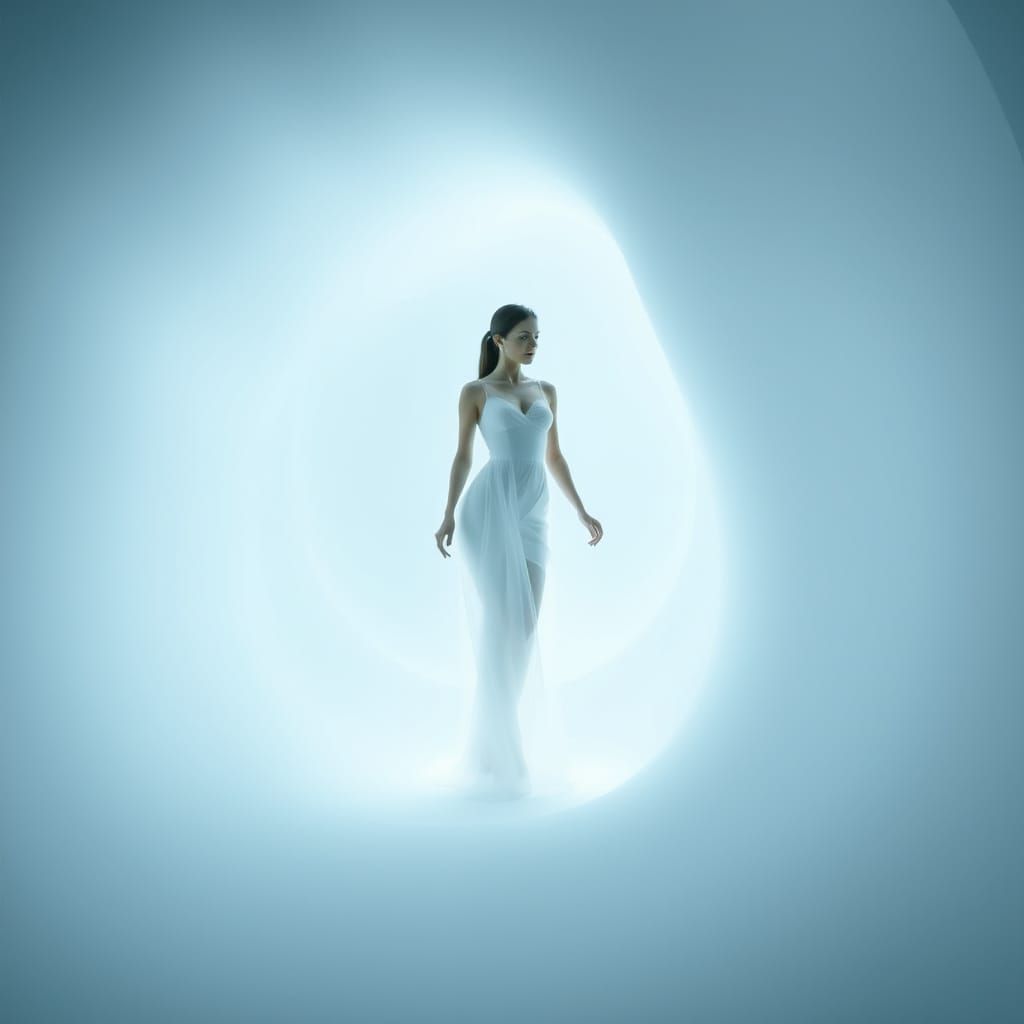 "Una figura femenina etérea y luminosa emerge en la quinta dimensión"