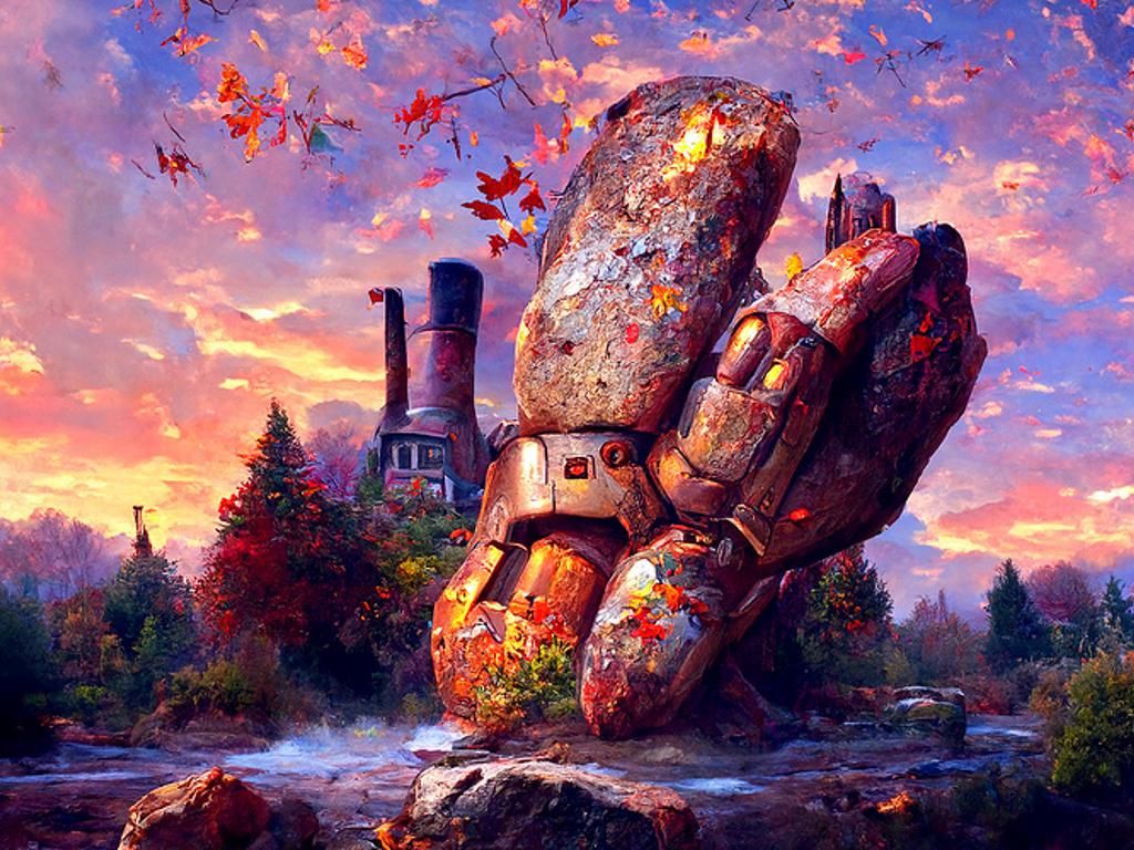 Robot Hand in Autumn Landscape, Kinkade Style