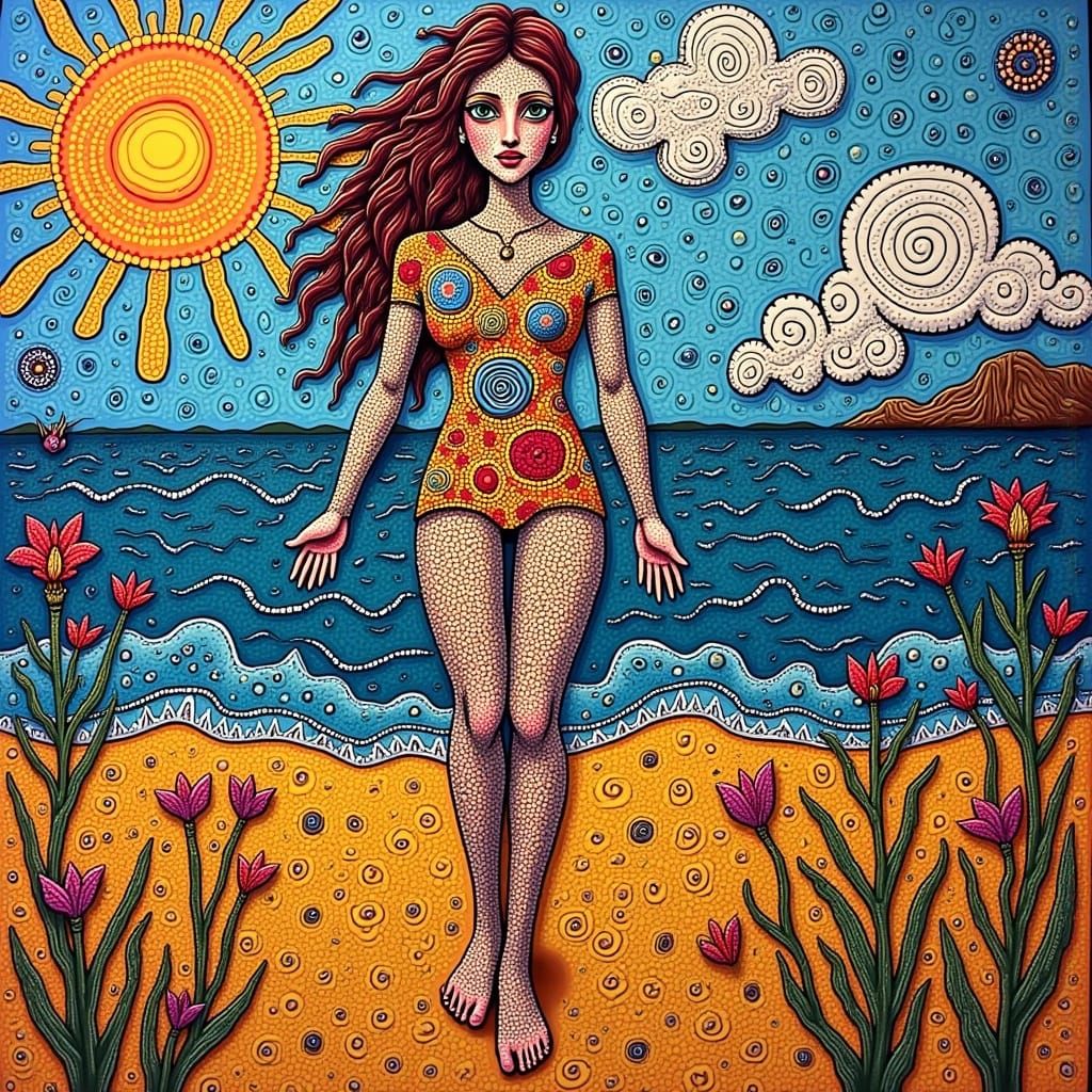 Barefoot Beach Walk: Surreal Folk-Art Zentangle