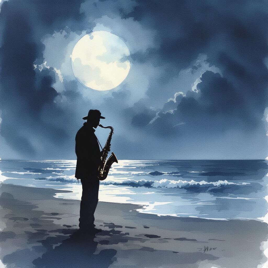 Saxophone Player on Moonlit Beach in Dark Fantasy Style