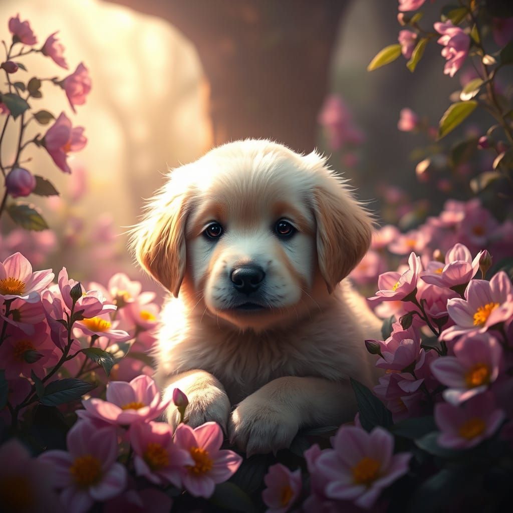 Golden Retriever Puppy in a Dreamlike Floral Wonderland