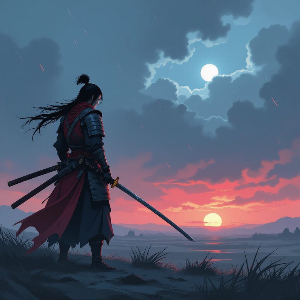 Lone Samurai Warrior on Desolate Battlefield