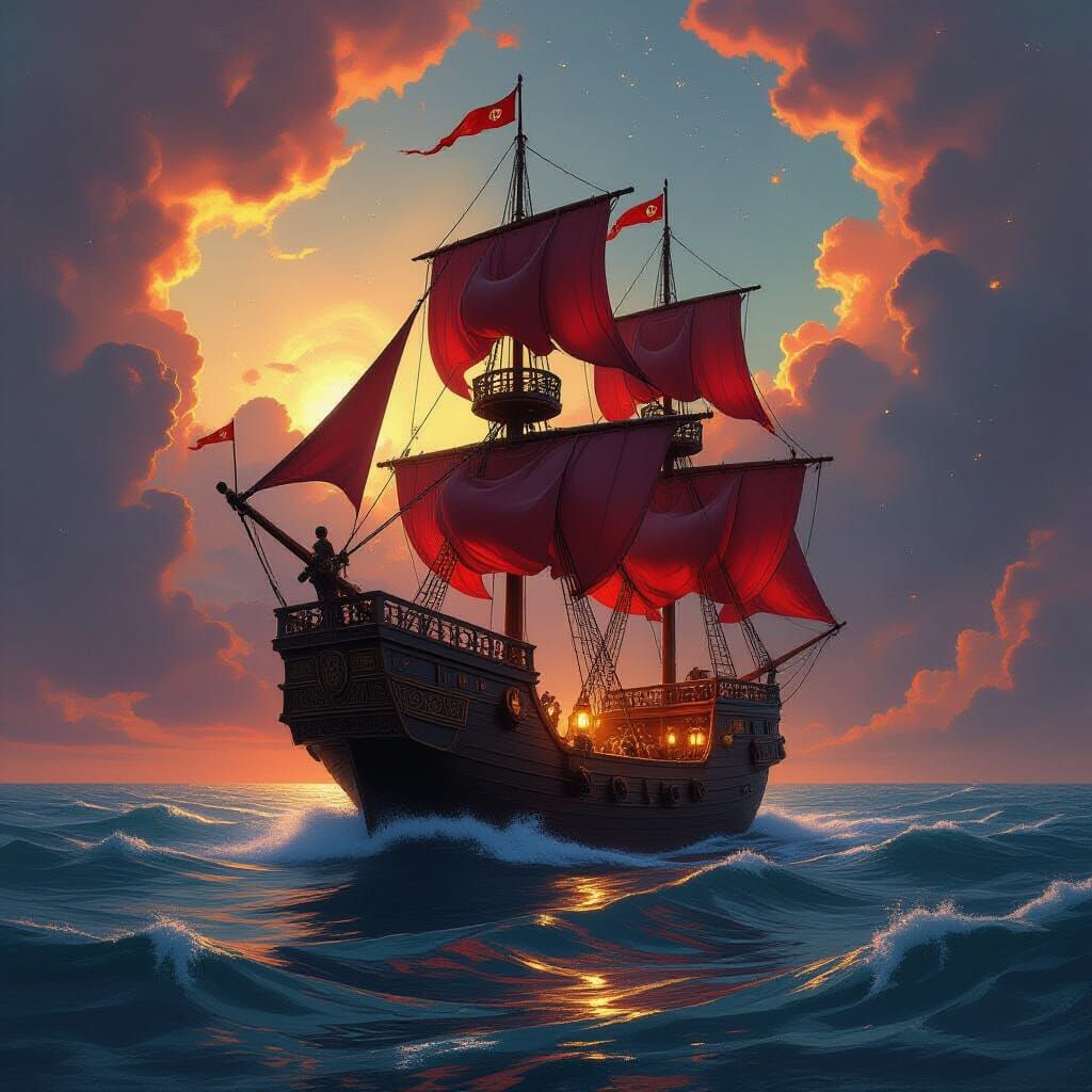 Galleon Sails on Liquid Gold Sea Under Nebula Sky