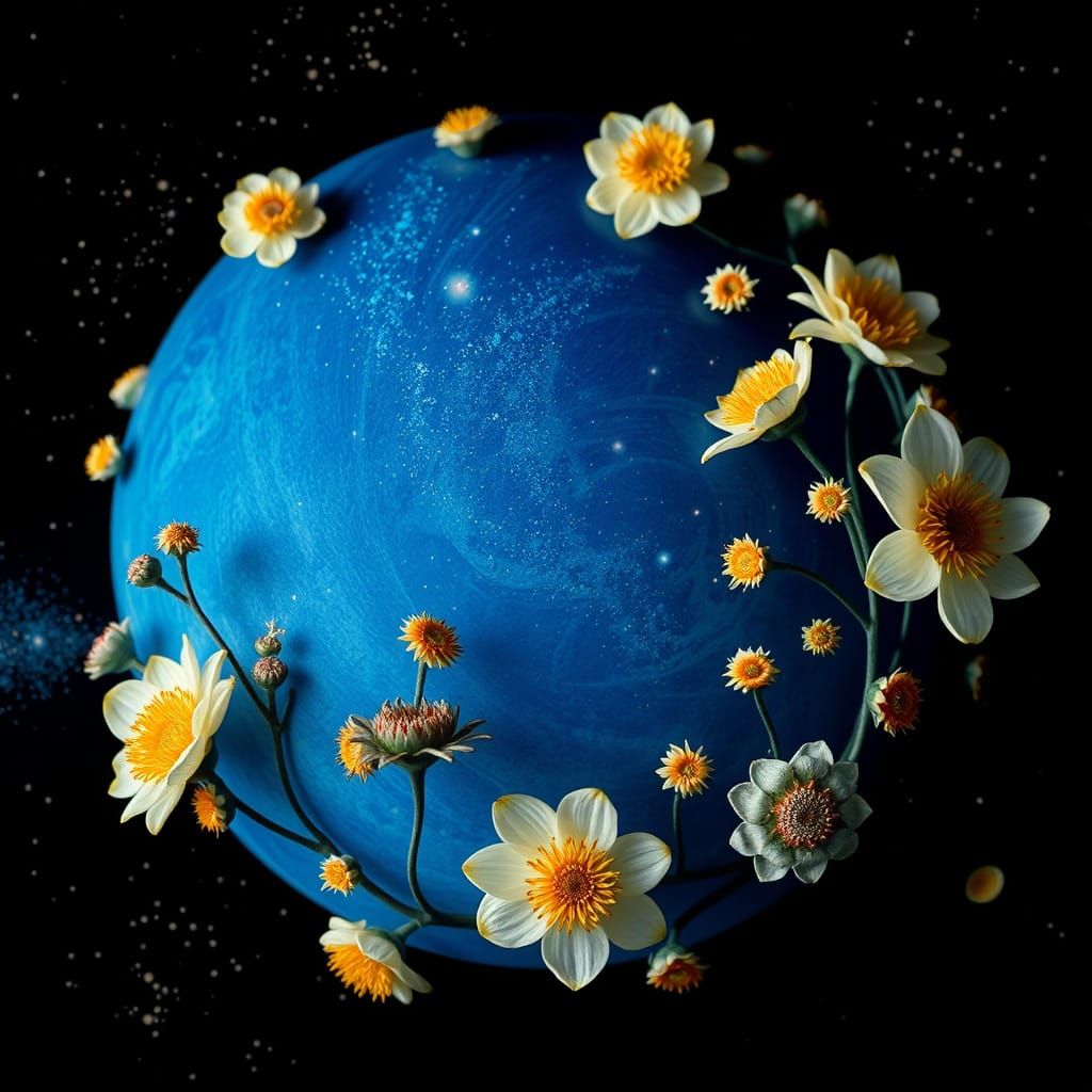 Surrealist Blue Planet in Full Bloom with Intricate Sci-Fi B...