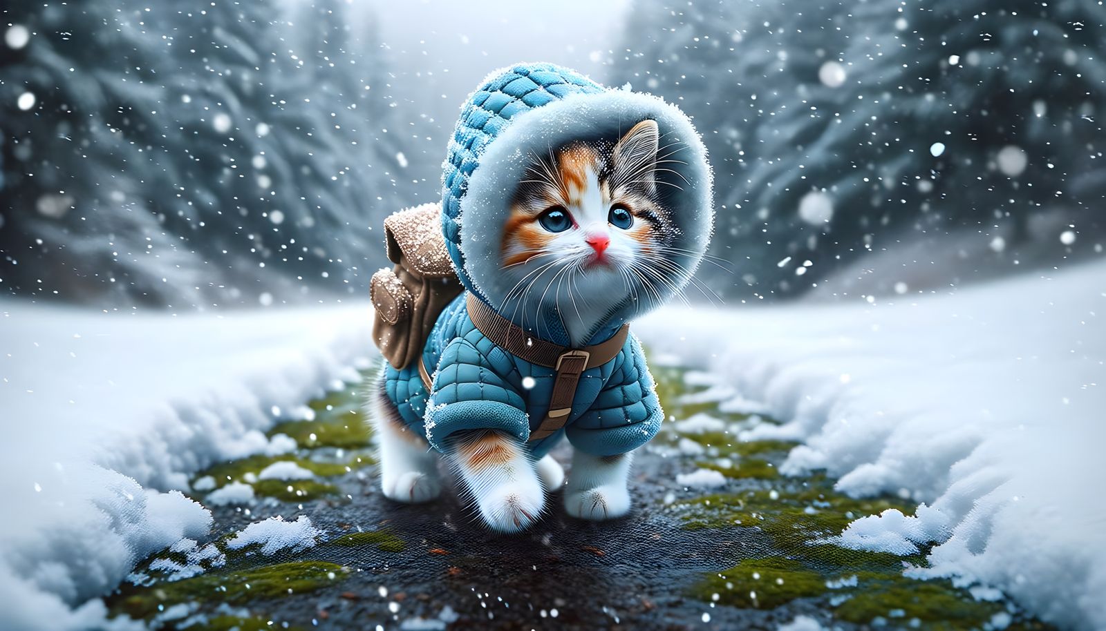 Adorable Calico Kitten's Winter Adventure in Snowy Landscape