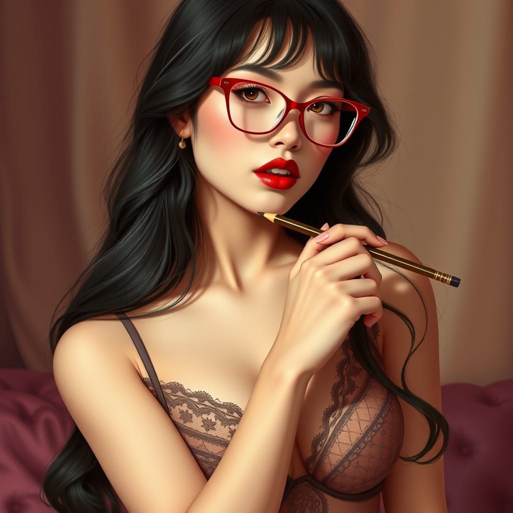 Elegant Woman with Red Glasses in Art Nouveau Style