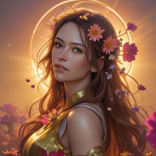 Radiant Woman Surrounded by Magical Flowered Sunset