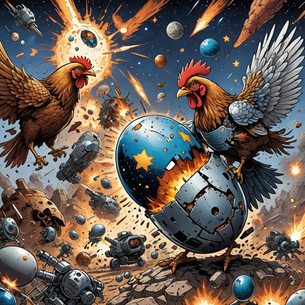 Mechanical World Egg Versus Chicken: Epic Comic Battle