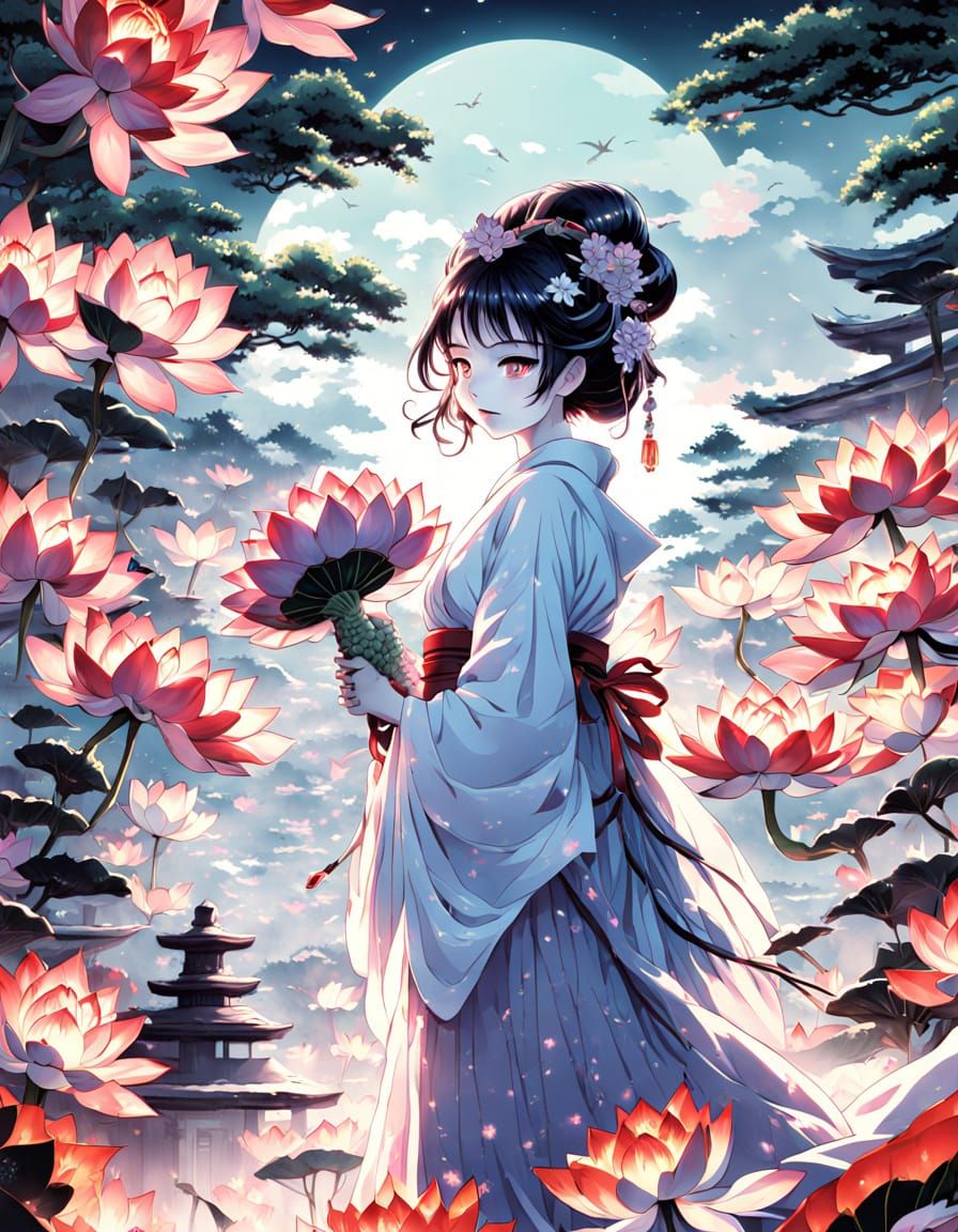 Geisha and Dragon in Shinto Garden, Anime Style