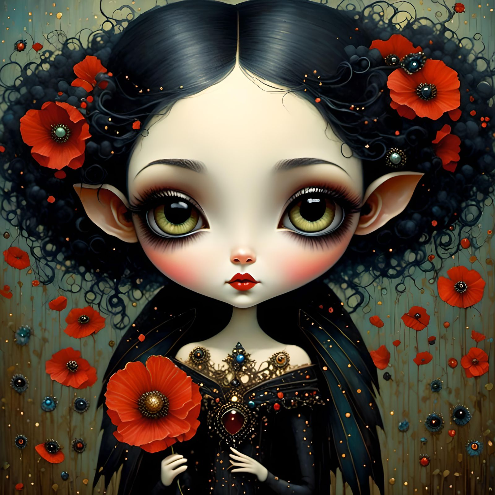 Dark Fairy with Poppy Flower in Whimsical Style