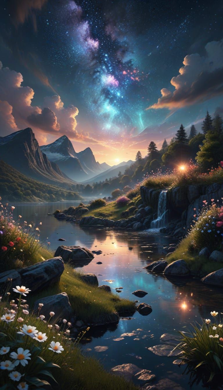 Person Gazes at Starry Night Sky in Fantasy Landscape