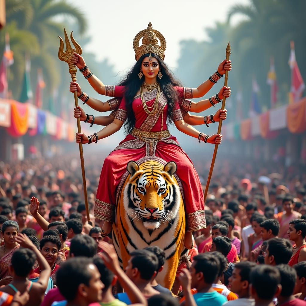Goddess Durga on Tiger: A Vibrant Street Procession