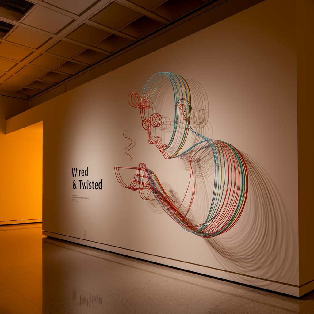 Wire Sculpture of Man with Coffee Cup in Museum