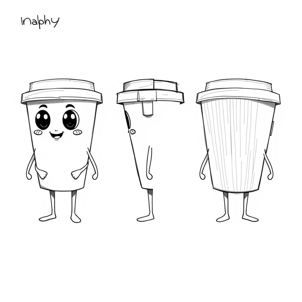 Cute Anthropomorphic Coffee Cup Character Sheet in Black-and...