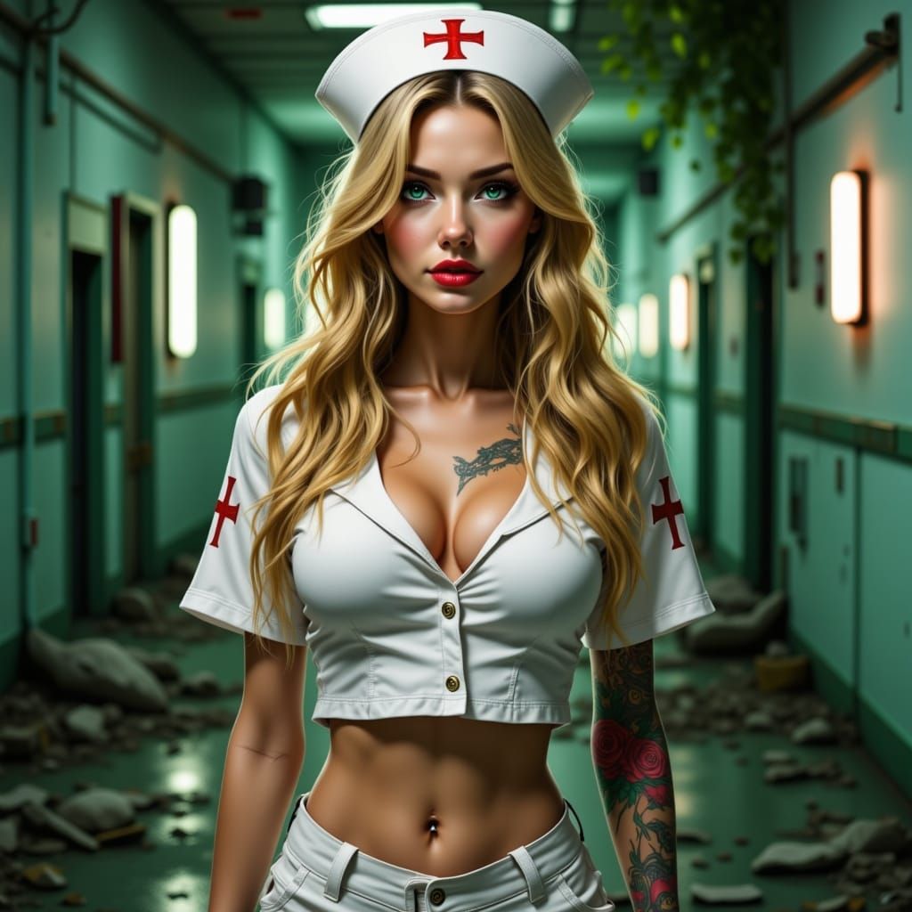 Ethereal Post-Apocalyptic Nurse Amidst Ruins