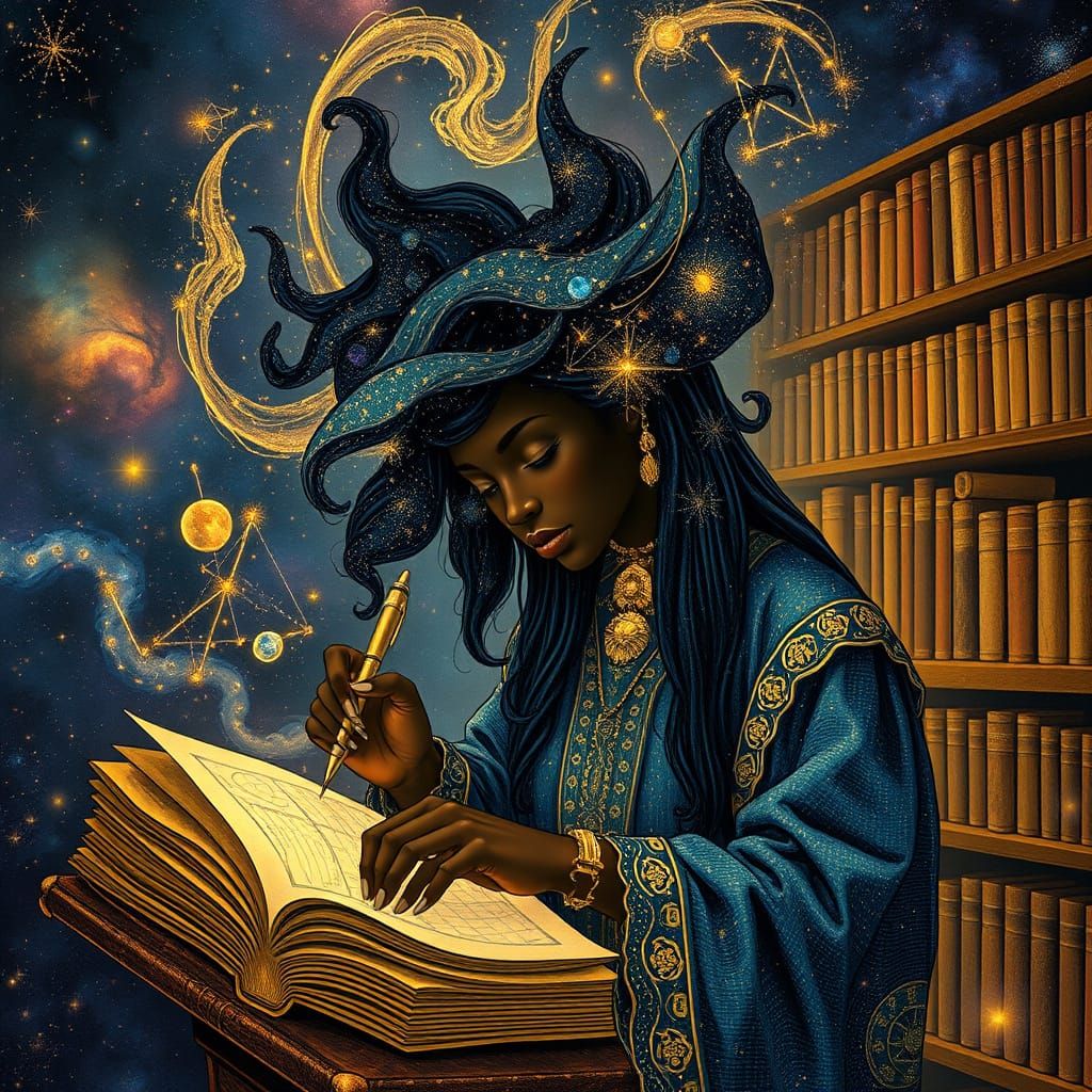 Celestial Librarian in Art Nouveau Afrofuturism Style