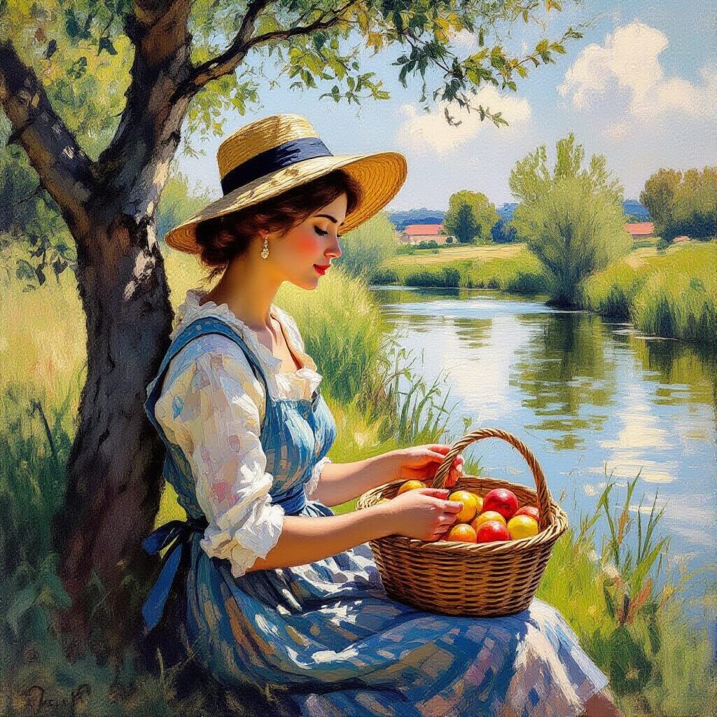 Woman Picking Fruit from Tree in Impressionist Style