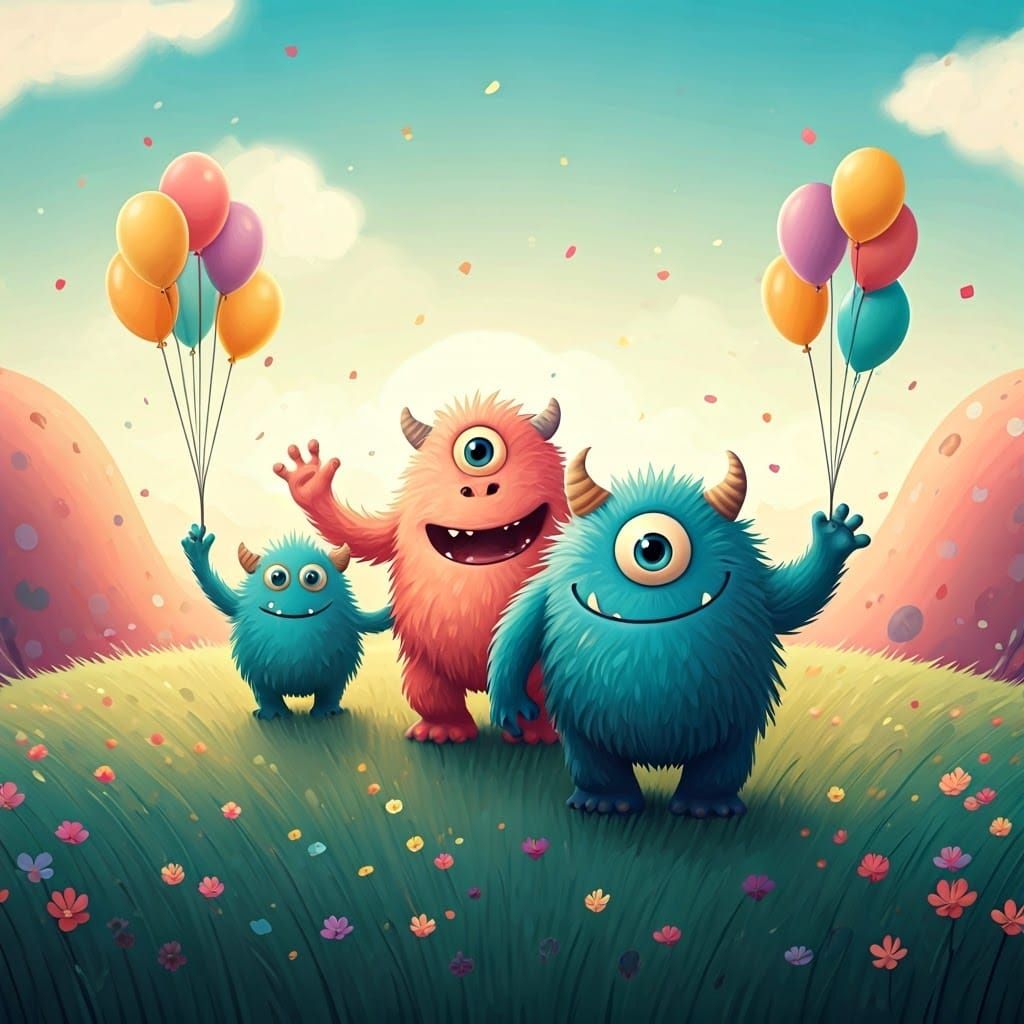 Cheerful Monsters Frolicking in Whimsical Landscape
