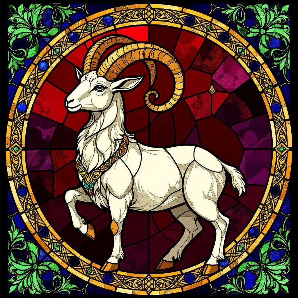 Capricorn Sea-Goat in Art Nouveau Stained Glass