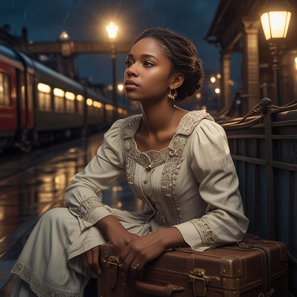 Young Black Girl with Suitcase at Victorian Train Station