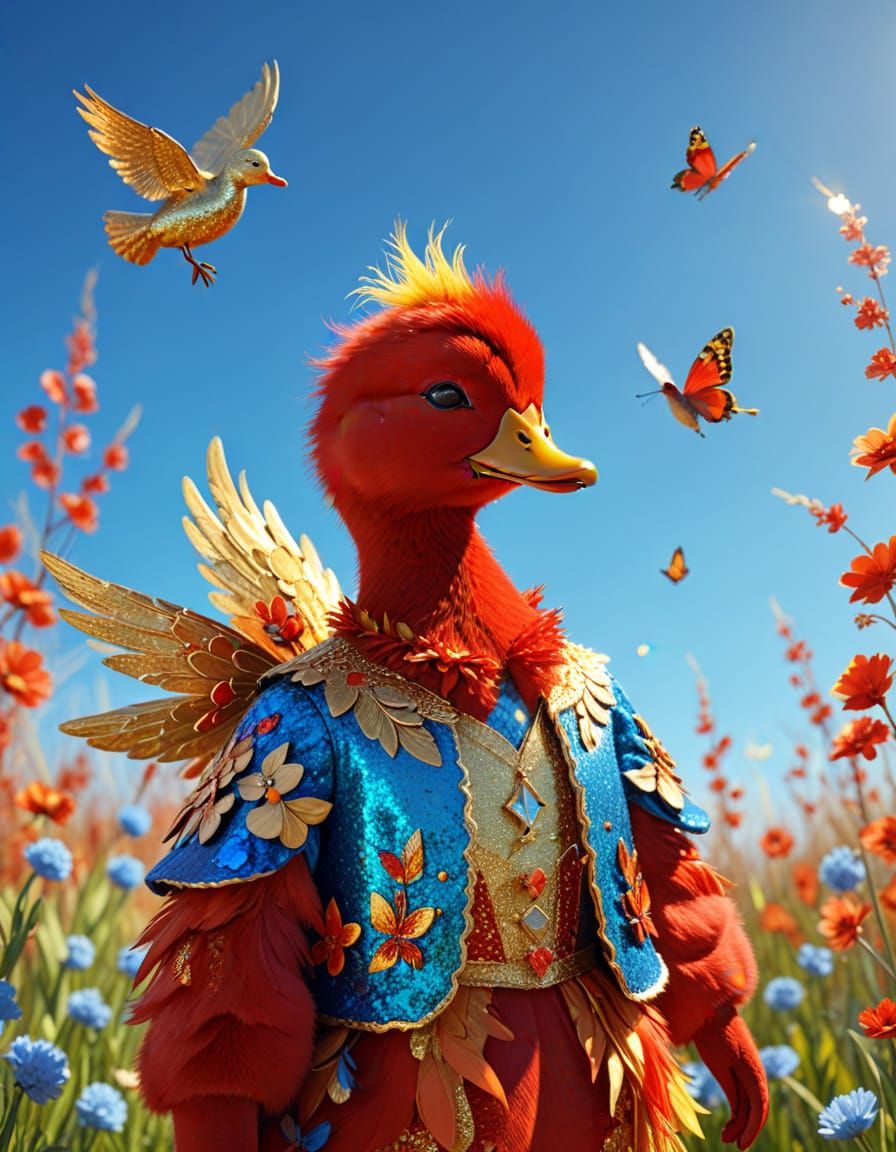 Fire-Red Creature with Duck in Folk Art Style